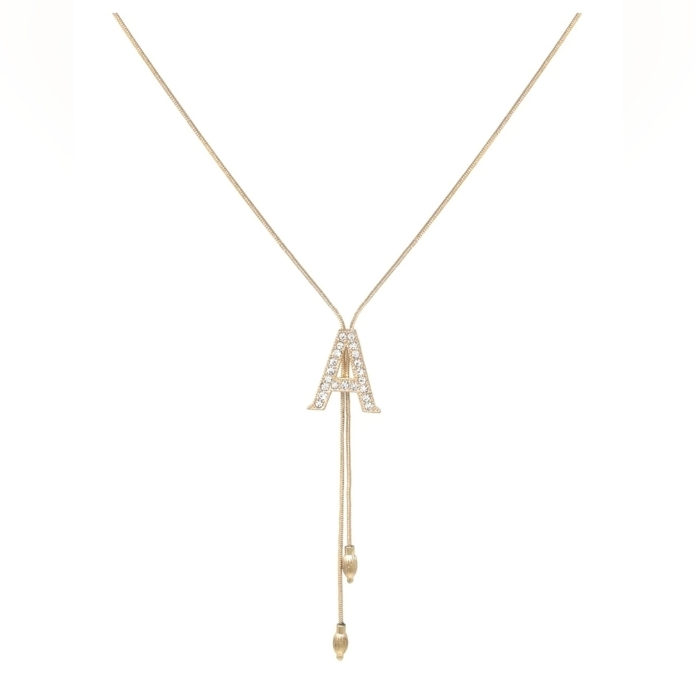 Elegant Initial “A” Lariat Necklace – Gold Tone with Crystal Accents